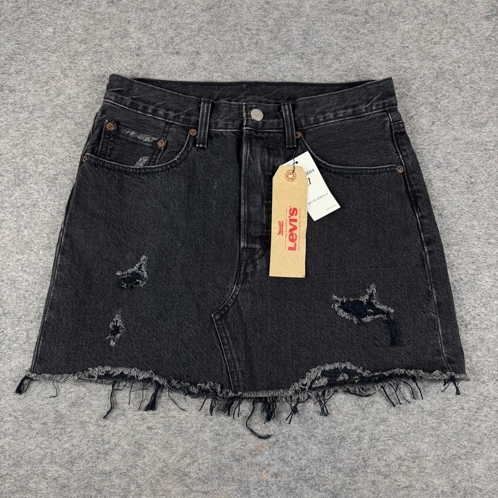Levi's Deconstructed Denim Skirt Raw Hem Button Fly Cotton Black Womens 27